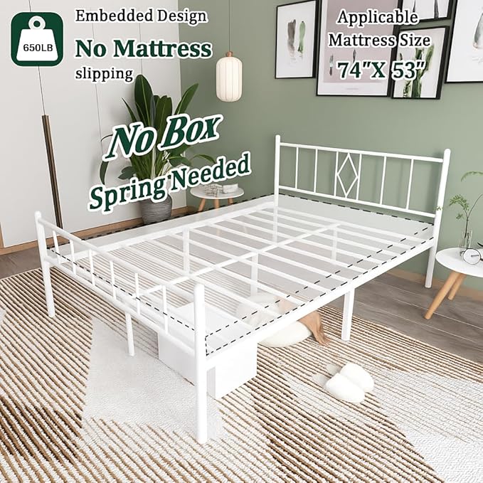 14 Inch Full Size Bed Frames with Headboard/Footboard, Under Bed Storage, Strong Metal Slats Support, No Box Spring Needed, Noise Free, Easy Assembly, White