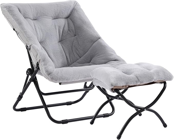 Saucer Chair with Ottoman, Oversized Foldable Faux Fur Chair, X-Large Soft Dorm Chair, Patio, Study, Playroom (Grey)