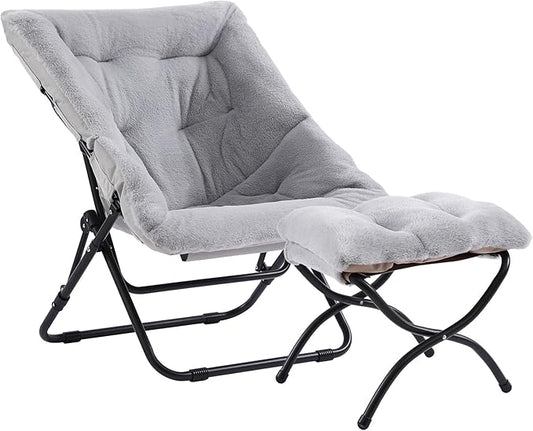 Saucer Chair with Ottoman, Oversized Foldable Faux Fur Chair, X-Large Soft Dorm Chair, Patio, Study, Playroom (Grey)
