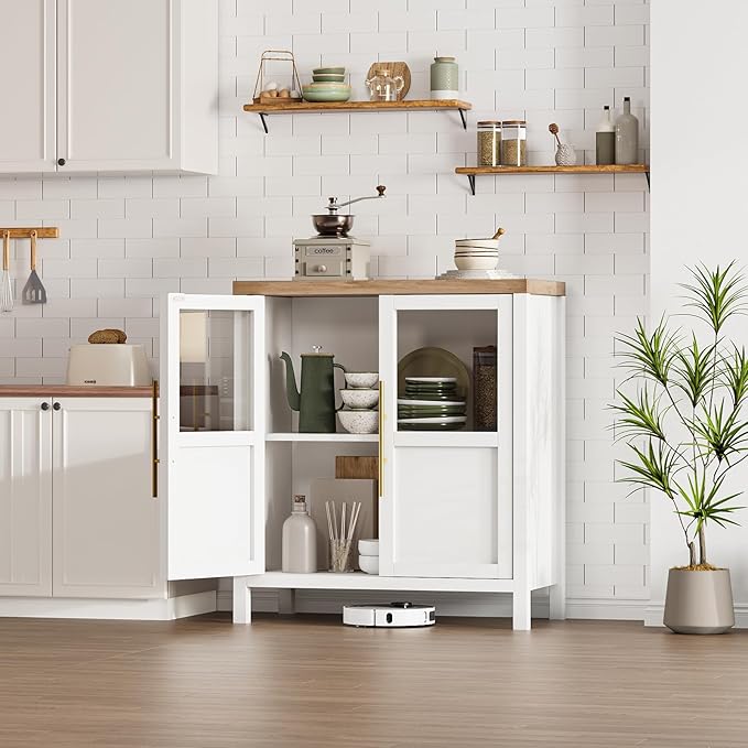 GarveeHome Sideboard Buffet Cabinet with 2 Glass Doors, 29.5 in Buffet Table Coffee Bar Wine Bar Display Cabinet for Kitchen Dining Room, Living Room (Glass with 2 Doors, White)
