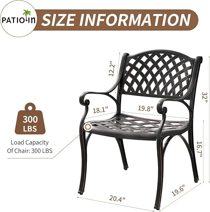 Outdoor Cast Aluminum Chairs Set of 2, Patio Dining Chair with Armrest, All-Weather Patio Bistro Chair Set with Adjustable Foot Pads for Balcony, Lawn, Garden, Backyard