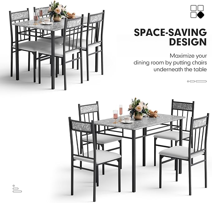 NAFORT 5 Piece Dining Table Set for 4, Faux Marble Kitchen Table and Chairs Set of 4, Vintage Rectangular Dining Room Table with Cushion Padded Seat, Metal and Wood Dining Set Kitchen Furniture, Grey