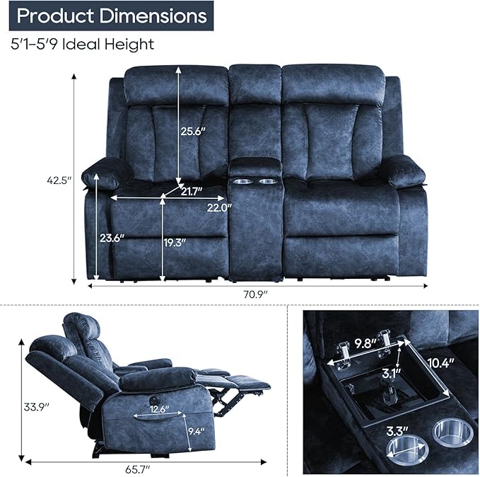 GUEAPY Power Reclining Loveseat with Console, Heat & Massage, 2 Seat Reclining Sofa with Cup Holders, USB & Type-C Ports, Plush Dutch Velvet 2 Seat Reclining Couch for Living Room, RV,Office,Apartment