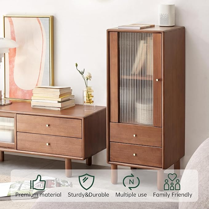 100% Solid Wood Storage Cabinet with Glass Doors and Drawers, Buffet Cabinet with Drawers, for Living Room, Reading Room, Kitchen (14" D x 15" W x 37" H)