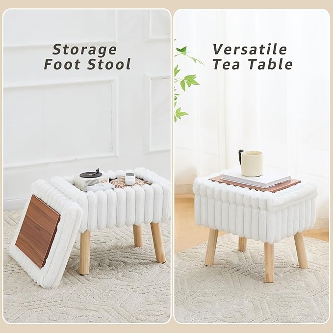 Wimarsbon Storage Ottoman,Soft Faux Fur Footstool with Padded Seat, Small Reading Vanity Chair, Footrest with Wood Tray for Couch, Mini Coffee Table or Display Stand (Cream)