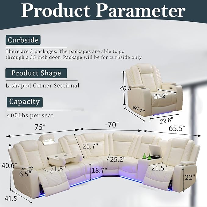 Power Recliner Sectional Sofa Set, Creamy Leather Sectional Couch and 2 Chairs for Living Room, L Shape Reclining Sofa with Cup Holder, Hidden Storage, Drop-Down Table for House(7 Seat)