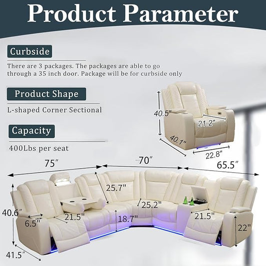Power Recliner Sectional Sofa Set, Creamy Leather Sectional Couch and 2 Chairs for Living Room, L Shape Reclining Sofa with Cup Holder, Hidden Storage, Drop-Down Table for House(7 Seat)
