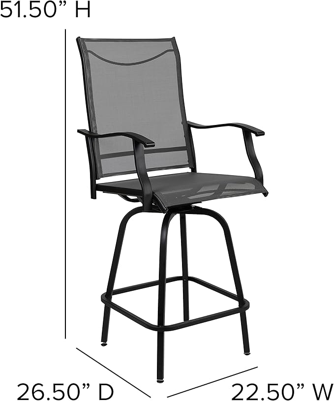 Flash Furniture Valerie All-Weather Swivel Patio Barstools with Footrest and Armrests, Modern Sling Outdoor Bar Height Stools, Set of 2, Gray