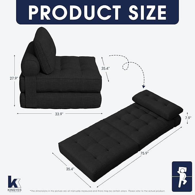 KINGYES Folding Chair Bed, 3 in 1 Convertible Sleeper Chair with Pillow, Black