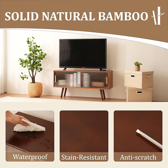 Bamboo TV Stand Entertainment Center, Mid-Century Modern Television Stand for 50-55 inch TVs, Rustic Brown Media Console Table, Open Storage Shelves for Living Room, Bedroom and Home Decor