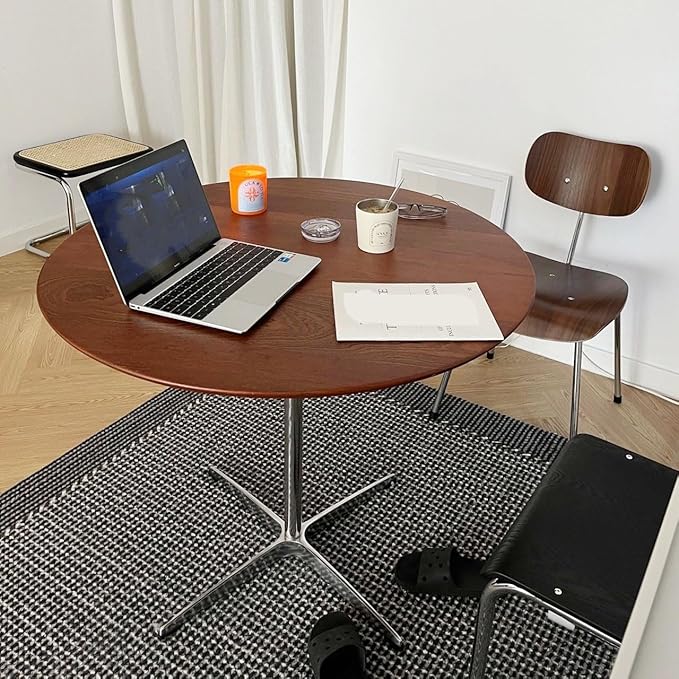 Dark Brown Round Solid Wood Dining Table Dining Furniture with Metal Crossed Base, 31.5" W Mid Century Modern Small Table Round for Office Small Coffee Table for 4-6