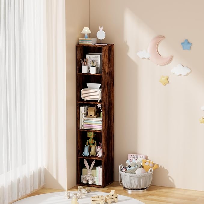 5 Tier Bookshelf, Open Tall Narrow Floor Standing Bookcase, Wooden Book Shelf Display Organizer for Home Office, Study (Retro Brown, 5 Cube)
