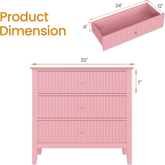 Pink 3 Drawer Dresser Set of 2, Painted 30 Inch Tall Wood Nightstand with Storage, Wide Modern Chest of Drawers with Ball Bearing Slide for Bedroom Hallway Living Room Entryway Office