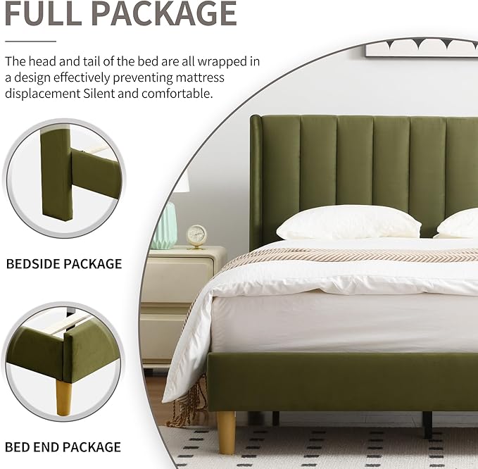 YUHUASHI upholstered Platform Bed Frame/Full Bed Frame/Modern Geometric Double-Wing Design headboard/Velvet Fabric/Easy to Assemble no Noise (Grass Green, Full)