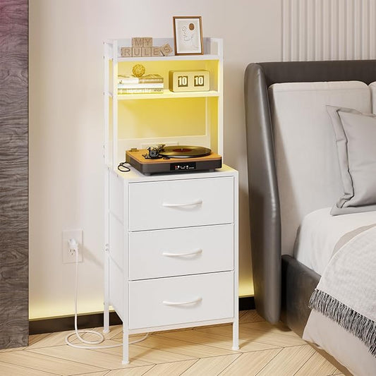Fixwal Tall Nightstand with Charging Station, 41 Inch Led Night Stand with U-S-B Port & Socket, 3 PU Finished Fabric Storage Drawers, Office, Bed Side Table & Bookshelf in One, White