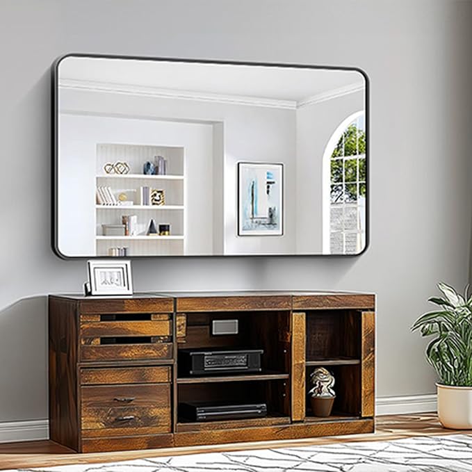 KOCUUY Black Mirror, 30x48 Inch Rectangle Bathroom Mirror with HD Tempered Glass, Anti-Rust Frame, Vanity Mirror with Rounded Corner for Bathroom, Living Room, Entryway, Hang Horizontal/Vertical