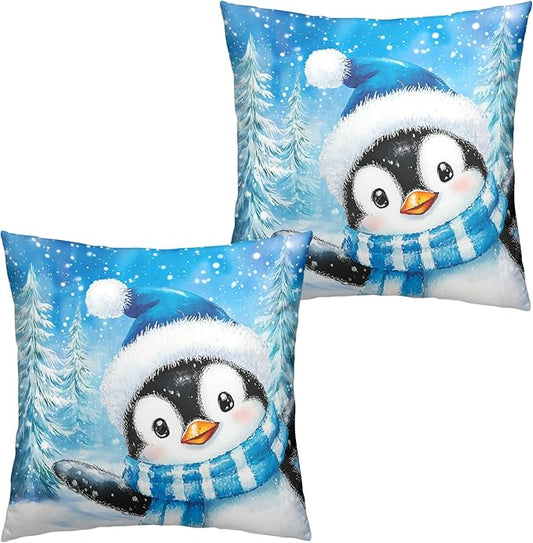Blue Penguin Throw Pillow Covers 20x20 Lovely Penguins Snowman Winter Outdoor Pillow Cases Set of 2 Christmas Farmhouse Cushion Cases Winter Holiday Cotton Pillowcases for Home Couch Sofa
