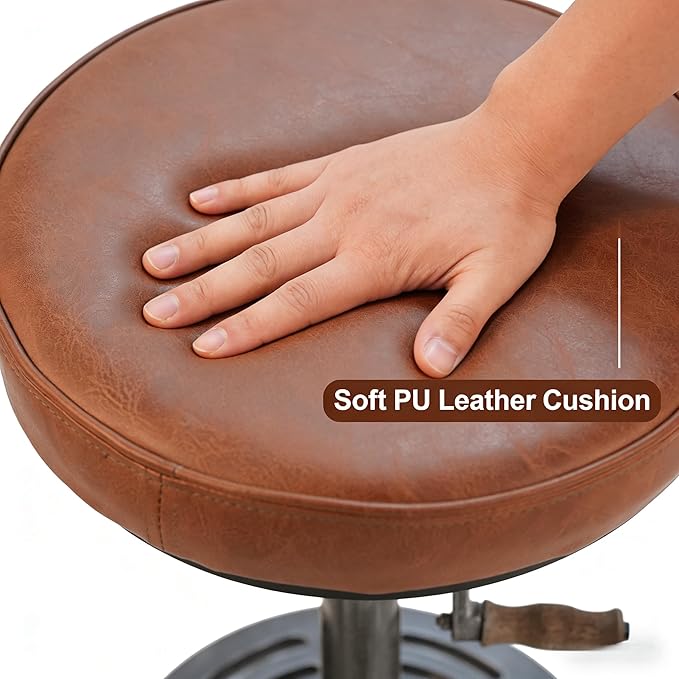LOKKHAN American Antique Steampunk Deco Vintage Industrial Bar Cafe Stool, Retro Stylish Cast Iron Base Swivel Round Leather Top, Easily Adjusts by Crank Handle