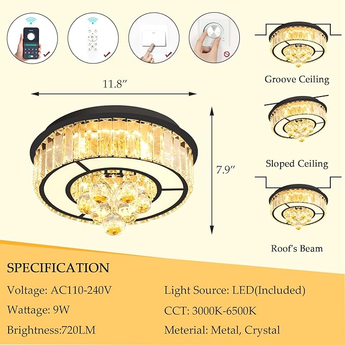 11.8'' Black Modern Crystal Chandeliers for Dining Room LED Dimmable Light Fixtures Flush Mount Light Living Room Bedrooms