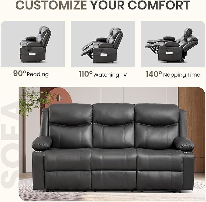 Manual Reclining 3-Seater Sofa with Heat & Massage, PU Leather Recliner Couch for Living Room, Faux Leather Upholstery, Deep Cushions & Sturdy Frame (Grey)