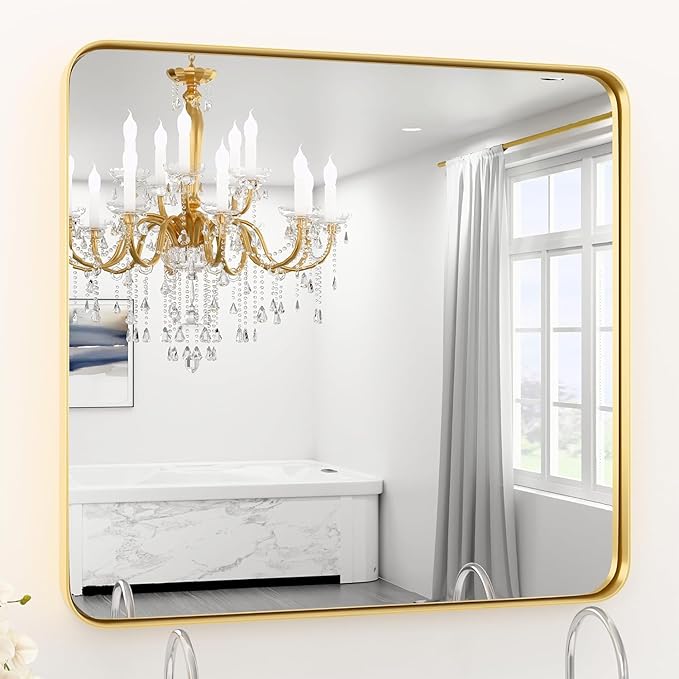 36"X36" Large Gold Metal Framed Bathroom Mirror for Wall, Large Mirrors for Spacious Rooms,Gold Rounded Rectangle Mirror, Brushed Gold Bathroom Vanity Mirror Farmhouse, Anti-Rust, Tempered Glass