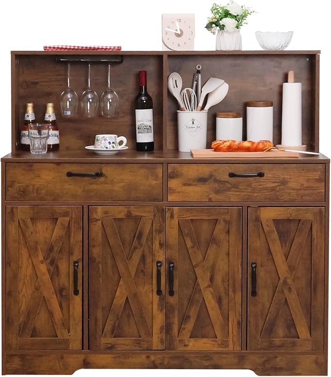 Sideboard Buffet Cabinet with Storage, 47'' Farmhouse Coffee Bar Cabinet, Kitchen Pantry Storage Cabinet with Doors and Shelves for Dining Room, Living Room, Kitchen, Brown