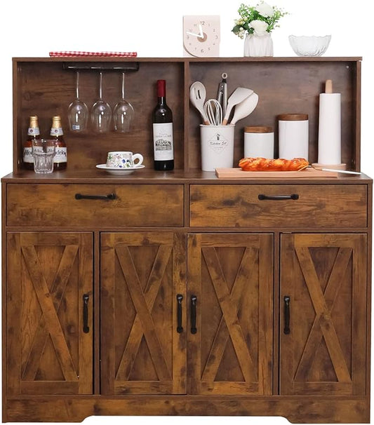 Sideboard Buffet Cabinet with Storage, 47'' Farmhouse Coffee Bar Cabinet, Kitchen Pantry Storage Cabinet with Doors and Shelves for Dining Room, Living Room, Kitchen, Brown