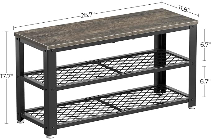 Rolanstar Shoe Bench, 3-Tier Shoe Rack, 28.7” Storage Entry Bench with Mesh Shelves Wood Seat, Rustic Foyer Bench for Hallway Front Door, Doorway, Living Room, Mudroom, Steel Frame, Gray