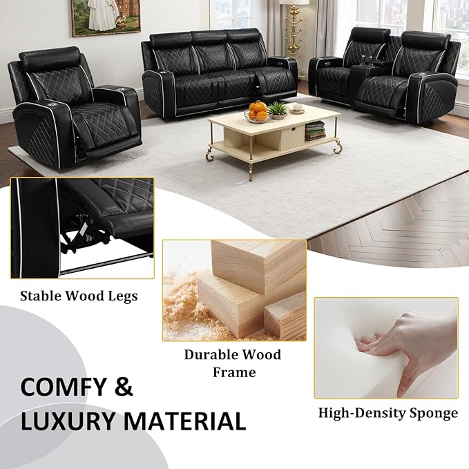 Power Recliner Sofa Set for Living Room, Breathing Leather Reclining Sofa with LED Lighting, Cup Holders, Storage Console&USB Port for Home Theater Seating (Black#2)