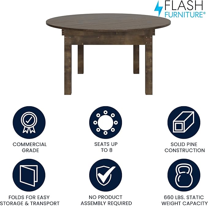 Flash Furniture Hercules Commercial Round Farmhouse Folding Table, Antique Rustic Solid Pine Dining Room Table, Foldable Locking Legs, 60" Diameter, Mahogany
