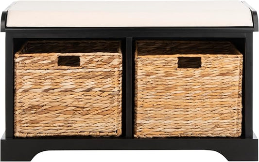 SAFAVIEH Home Collection – Freddy Black Storage Bench with Wicker Baskets & Cushion, Entryway Seating Bench, Fully Assembled (AMH5736B)