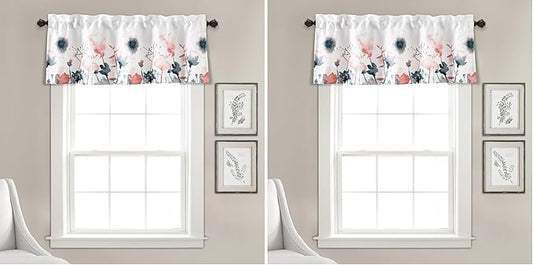 Lush Decor Zuri Flora Light Filtering Window Curtain Valance, 18" L x 52" W, Blue & Coral (Pack of 2)