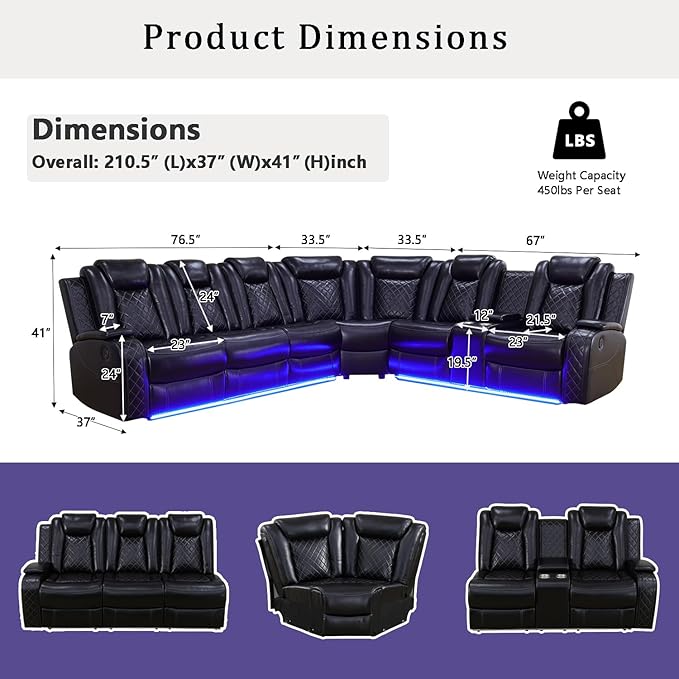 A Ainehome Power Furniture Reclining Sectional Sofa Set, Living Room Power Recliner Adjustable Sofa, Loveseat and Chair with USB Chargers/Storage Console for Living Room/Office(A-Black)