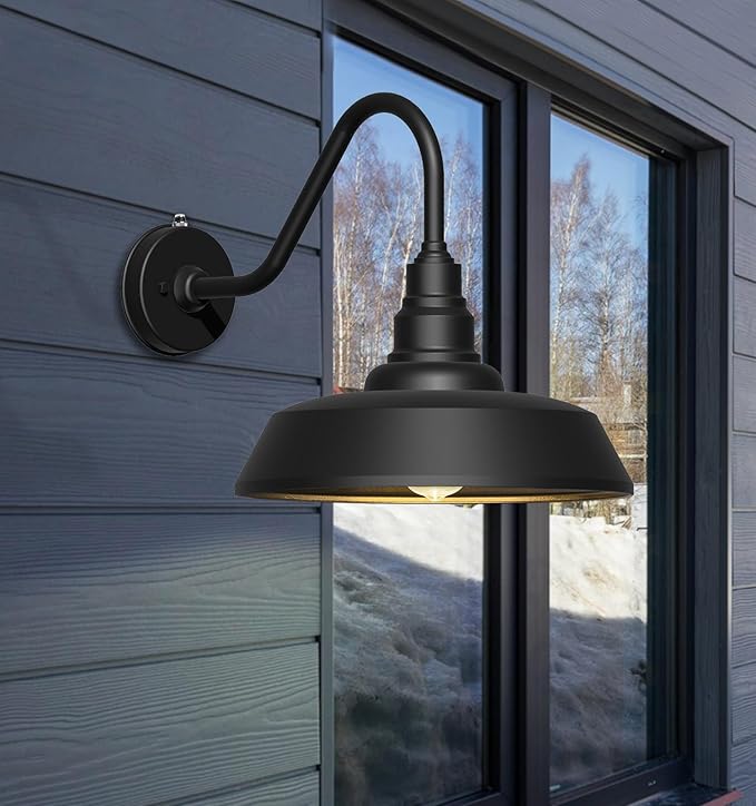 15 Inch Large Outdoor Gooseneck Barn Light, Dusk to Dawn Barn Lights 2-Pack, Exterior Classic Black Barn Light for Porch, Farmhouse, Garage, Gooseneck Lighting