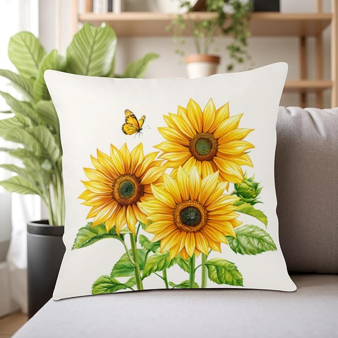 Sunflower Throw Pillow Covers 20x20 Set of 2 Watercolor Yellow Floral Decorative Pillow Cases Summer Outdoor Farmhouse Throw Pillows for Home Couch Sofa Porch Living Room