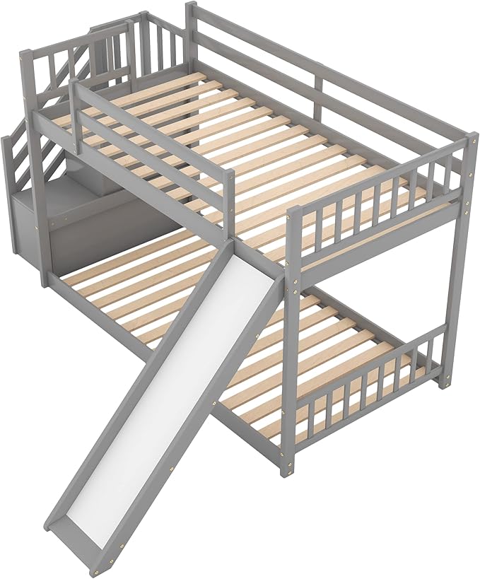 Twin Over Twin Bunk Bed with Slide and for Storage Staircase for Teens, Boys or Girls, No Box Sping Needed