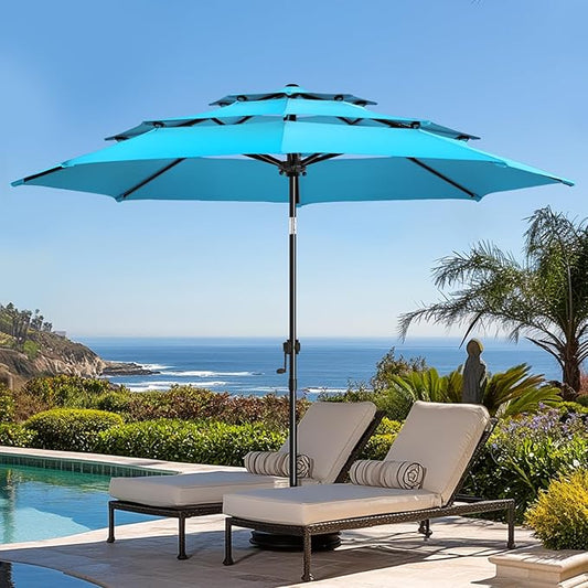 wikiwiki 9ft 3-Tier Patio Umbrella Outdoor Table Market Umbrella for Patio with Push Button Tilt/Crank, Fade Resistant Waterproof POLYESTER Canopy for Garden, Lawn, Deck, Backyard & Pool, Sky Blue