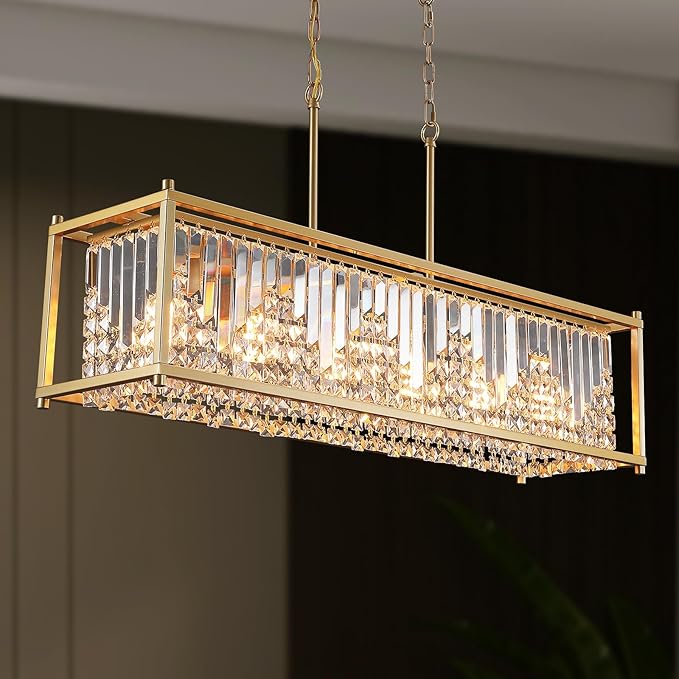 Q&S Modern Rectangular Crystal Chandelier,Gold Rectangle Chandeliers for Dining Room Luxury 6 Lights for Kitchen Island Bar Living Room Pool Table Hotel Office Restaurant L37.5 UL Listed