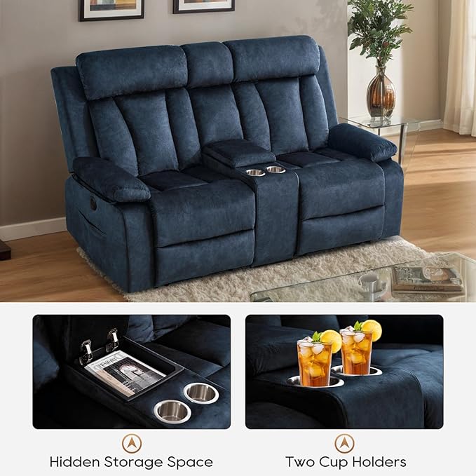 Power Reclining Loveseat with Console, Power Loveseat Recliner Sofa with Heat and Massage, Wall Hugger Loveseat Recliner with Dual Ports, Cup Holders for Living Room, RV Sofa (Blue, Loveseat)