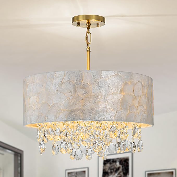 4-Light Drum Capiz Shell Crystal Chandeliers, Coastal Style Pendant Light Fixture for Dining Room, Living Room, D18 x 21~68"(Adjustable), Shell Lampshade & Gold Finish
