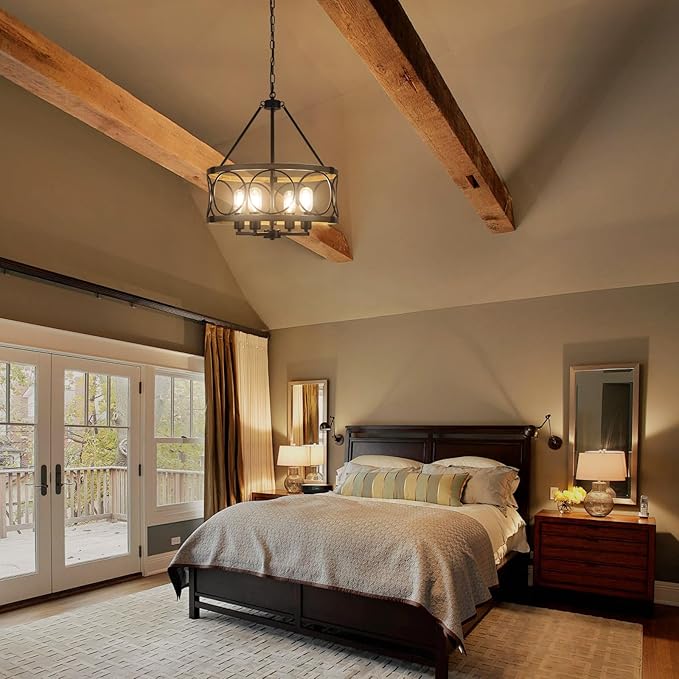 4-Light Farmhouse Chandelier, Rustic Faux Wood Chandeliers Dining Room Light Fixture, Round Pendant Light, Hanging Kitchen Island Light for Living Room, Entryway, Foyer-Black & Wood Grain