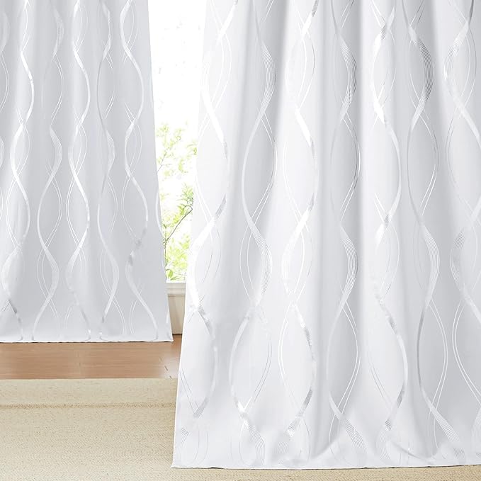 NICETOWN Greyish White Room Darkening Curtains for Living Room 84 inch Long - Foil Printed Thermal Insulated Grommet Room Darkening Panels/Drapes for Bedroom Decoration (2 Panels, W52 x L84)