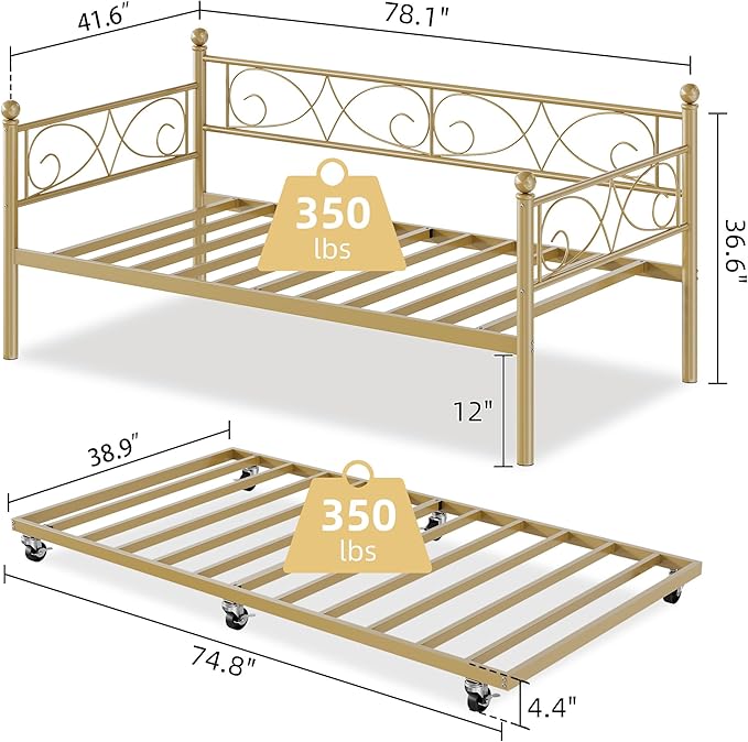 IDEALHOUSE Twin Daybed with Trundle, Metal Trundle Bed, Sofa Bed Frame, Heavy Duty Metal Slats, for Living Room, Bedroom, Guest Room, Space Saving, Gold
