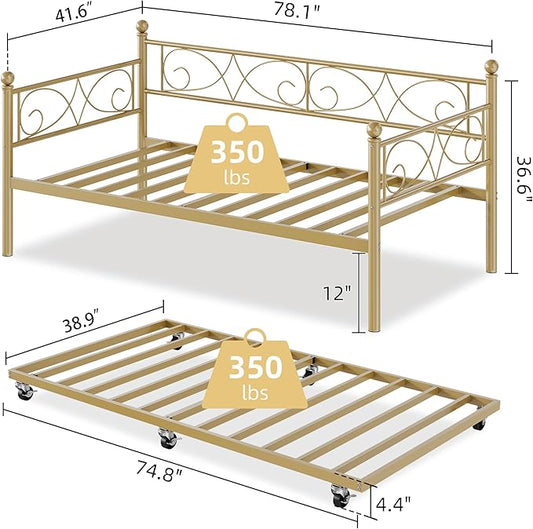 IDEALHOUSE Twin Daybed with Trundle, Metal Trundle Bed, Sofa Bed Frame, Heavy Duty Metal Slats, for Living Room, Bedroom, Guest Room, Space Saving, Gold