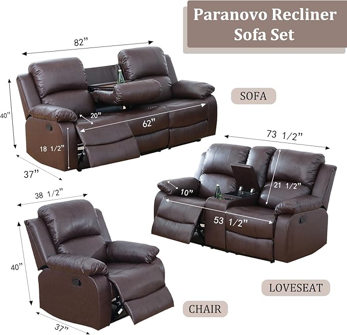 3PCS Recliner Sofa Set Vegan Leather Reclining Couch Set Dekmxas Living Room Furniture Sets Manual Reclining Sofa Set with Cup Holders/Storage Console/Flip Down Table for Home/Office (Brown, 3PCS Set)