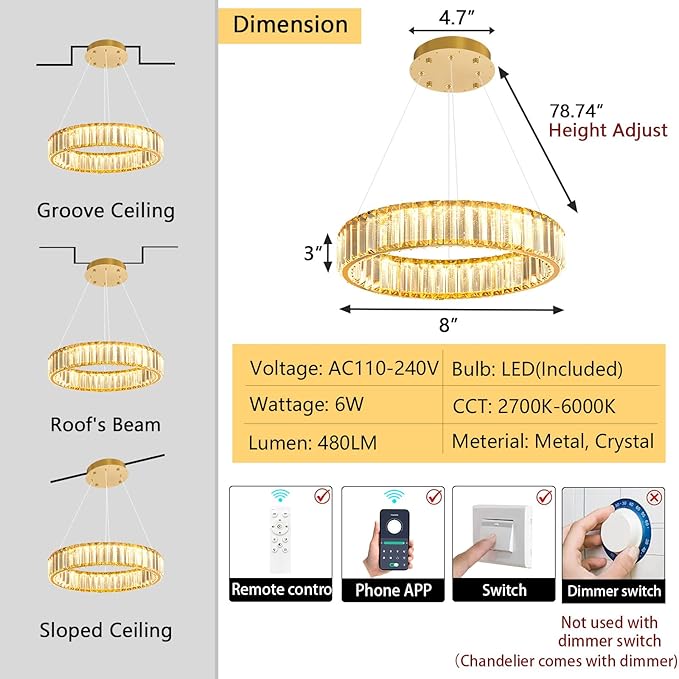 8'' Modern Ring Chandelier Crystal Chandeliers for Dining Room Round LED Dimmable Ceiling Light Fixture for Living Room Bedroom Lighting Gold