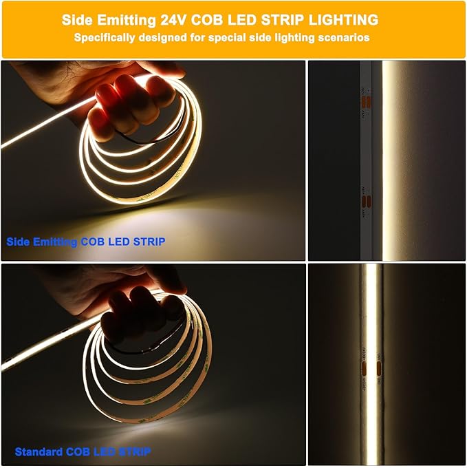 TOPAI Side Emitting 24V COB LED Strip Natural White 4000K 16.4ft Dotless 480LED/M High Density CRI>90 Self Adhesive Cuttable Flexible 8mm Width LED Tape for Home, Office DIY Lighting