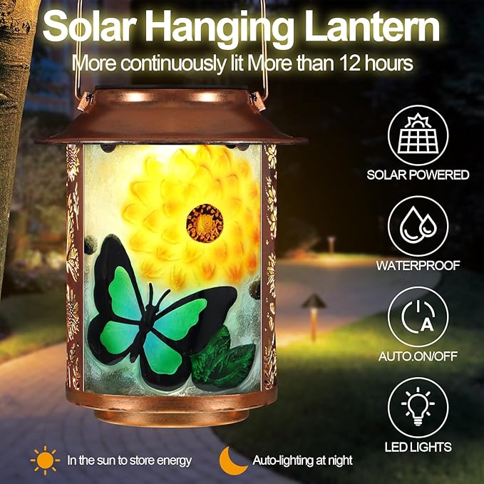 Butterfly Solar Lanterns Outdoor Waterproof,Birthday Gifts for Women Mom Grandma Garden Decor,Hanging Solar Lights Wall Mount Decorations for Yard,Front Porch,Patio,Lawn Pathway Landscape