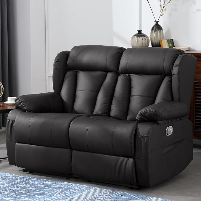 59" Manual Reclining Loveseat Sofa - Double Loveseat Recliner Chair with Side Pockets for RV Couch/Motorhomes/Living Room (Black, Loveseat)