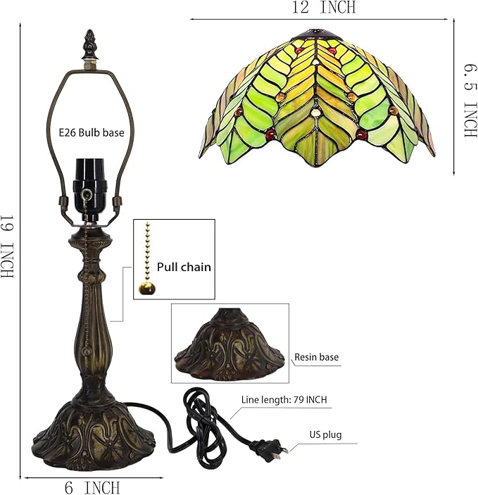 Tiffany Lamp Stained Glass Table Lamp Bedside Reading Light W12H19 Inches (Brown Green Leaf)
